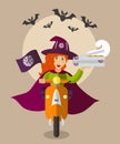 Halloween wizard food-deliverygirl on scooter with boxes of pizza