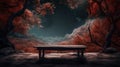 Halloween - Wooden Table In Spooky Forest At Night With Red Leaves In Autumn Landscape At Moonlight Royalty Free Stock Photo