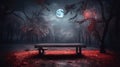 Halloween - Wooden Table In Spooky Forest At Night With Red Leaves In Autumn Landscape At Moonlight Royalty Free Stock Photo