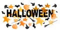 Halloween word, title with bats, pumpkins, witch hats and brooms. Also leaves. Royalty Free Stock Photo