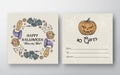 Halloween Wreath Abstract Vector Greeting Gift Card Background Template. Back and Front Design Layout with Typography Royalty Free Stock Photo