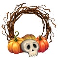 Halloween wreath. Background with skull and pumpkins. Holiday frame.