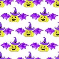 Jack lantern in wizard hat and wings seamless pattern. Vector illustration for card, wallpaper, fabric design and fall decoration