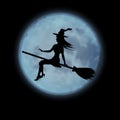 Halloween. Young witch flying on a broomstick on the background of the full moon. Vector isolated on black background.