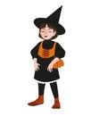 Halloween young woman witch with kind face, pumpkin basket with candies, closed eyes. Isolated flat design