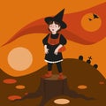 Halloween young woman witch with kind face, pumpkin-basket with candies, stands on a stump. Autumn landscape, bats and graves