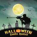 Halloween zombie hunter with sniper in graveyard Royalty Free Stock Photo