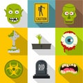 Halloween zombie icon set, flat style