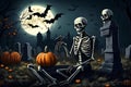 Halloween - Zombie Skeleton With Pumpkin In Hand Sitting Generated AI