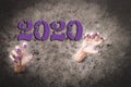 Halloween zoombie hands reaching out of ground with dead grass with puple nails and grungy 2020 written large