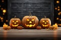 Halloweens 3D pumpkins on a wooden board with jack o lantern charm