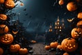 Halloweens 3D rendering Witchs castle, bats, pumpkins, and spooky tree