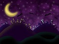 Halloweens night cloudy background city illustration with moon stars bats