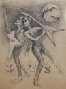 Halloweens pencil sketch with two guitar players Royalty Free Stock Photo
