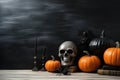 Halloweenthemed Decorations On Wooden Desk With Ample Copy Space For Creativity