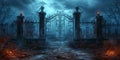 Halloweenthemed Gate Stands Tall Against A Spooky Backdrop Of A Haunted Cemetery, Copy Space Royalty Free Stock Photo