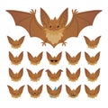 Hallowen character emoticon set. Vector illustration of cute flying bat vampire and it s bat-eared snout with different