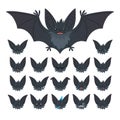 Hallowen character emoticon set. Vector illustration of cute flying grey bat vampire and it s bat-eared snout with