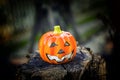 Hallowen pumpkins with shining eyeson the wooden block