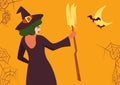 Hallowen Witch with Broomstick, Bats and Spiderwebs