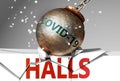 Halls and coronavirus, symbolized by the virus destroying word Halls to picture that covid-19 affects Halls and leads to a crash