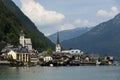 Hallstadtt colorful village at the foot of Alps mountains interface the lake Royalty Free Stock Photo