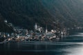 Hallstat austria village. Small famous, romantic alps city on lake shore