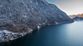 Hallstatt Austria, Aerial view on houses in small alpine village, mountains and lake winter time Royalty Free Stock Photo