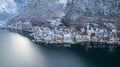 Hallstatt Austria, Aerial view on houses in small alpine village, mountains and lake winter time Royalty Free Stock Photo