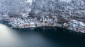 Hallstatt Austria, Aerial view on houses in small alpine village, mountains and lake winter time Royalty Free Stock Photo