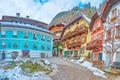 Ensemble of Market square, Hallstatt, Salzkammergut, Austria Royalty Free Stock Photo