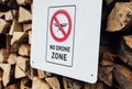 HALLSTATT, AUSTRIA - JANUARY 2019: street sign saying No Drone Zone on firewood stack background