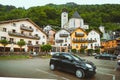 Hallstatt, Austria - June 15, 2019: parking place before hotel in tourist city