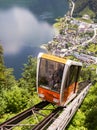 Hallstatt, Austria - May 31, 2018: Funicular climbs up the railway
