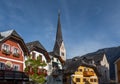 Hallstatt colorful buildings and Evangelical Church tower - Hallstatt, Austria Royalty Free Stock Photo