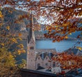 Hallstatt Evangelical Church with autumn colors - Hallstatt, Austria Royalty Free Stock Photo
