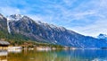 Hallstatt lake at sunny day, blue sky and mountain Sarstein. Winter, Salzkammergut region, Austria. Royalty Free Stock Photo