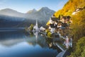 Hallstatt mountain village in fall, Salzkammergut, Austria Royalty Free Stock Photo