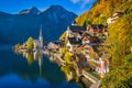 Hallstatt mountain village in fall, Salzkammergut, Austria Royalty Free Stock Photo