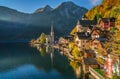 Hallstatt mountain village in morning light in fall, Salzkammergut, Austria