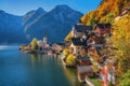 Hallstatt mountain village in morning light in fall, Salzkammergut, Austria