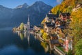 Hallstatt mountain village in morning light in fall, Salzkammergut, Austria Royalty Free Stock Photo