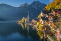 Hallstatt mountain village in morning light in fall, Salzkammergut, Austria