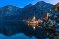 Hallstatt mountain village at night from classic postcard viewpoint Salzkammergut Austria Royalty Free Stock Photo