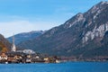 Hallstatt mountain village on a sunny day from classic postcard viewpoint Salzkammergut Austria