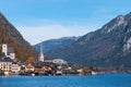 Hallstatt mountain village on a sunny day from classic postcard viewpoint Salzkammergut Austria Royalty Free Stock Photo