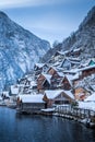 Hallstatt in mystic twilight in winter, Salzkammergut, Austria Royalty Free Stock Photo