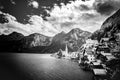Hallstatt panorama. Clouds and Alps lake and mountain