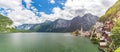 Hallstatt panorama. Clouds and Alps lake and mountain