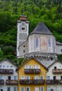 Hallstatt Parish Church, view of the alpine village from the ferry Royalty Free Stock Photo